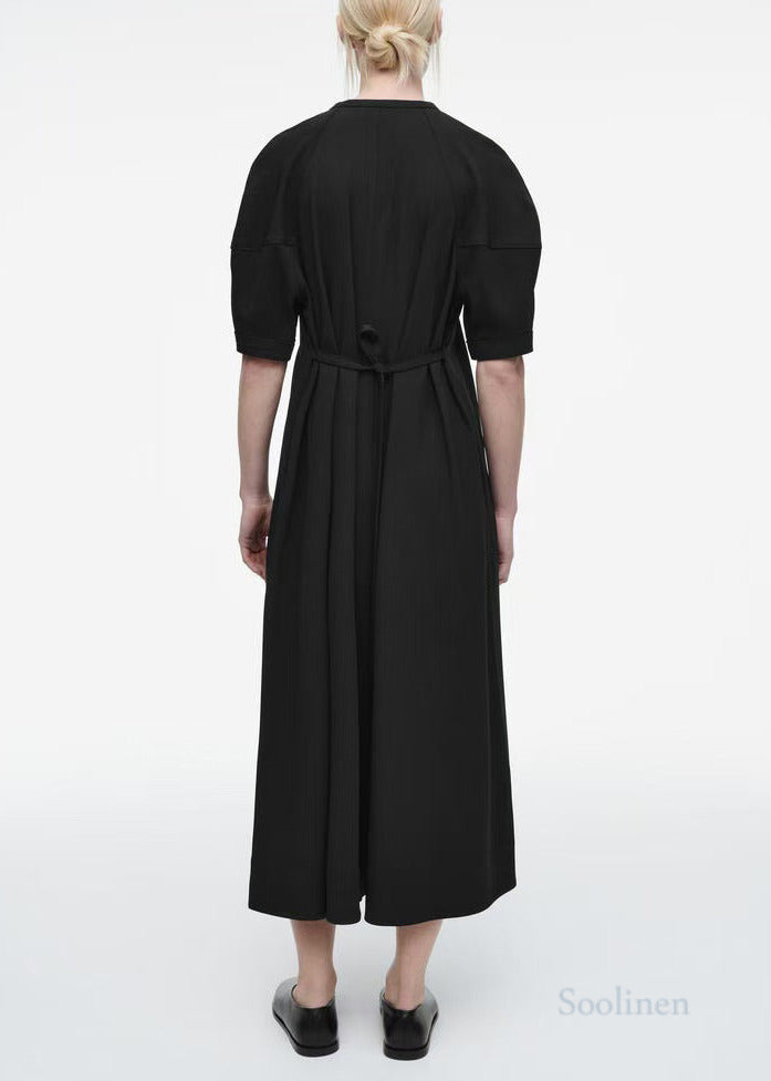Boho Black Puff Sleeve Tie Waist Cotton Party Dress