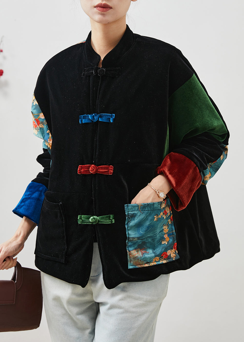 Boho Schwarz Dick Patchwork Taschen Seide Samt Orientalischen Mäntel Winter