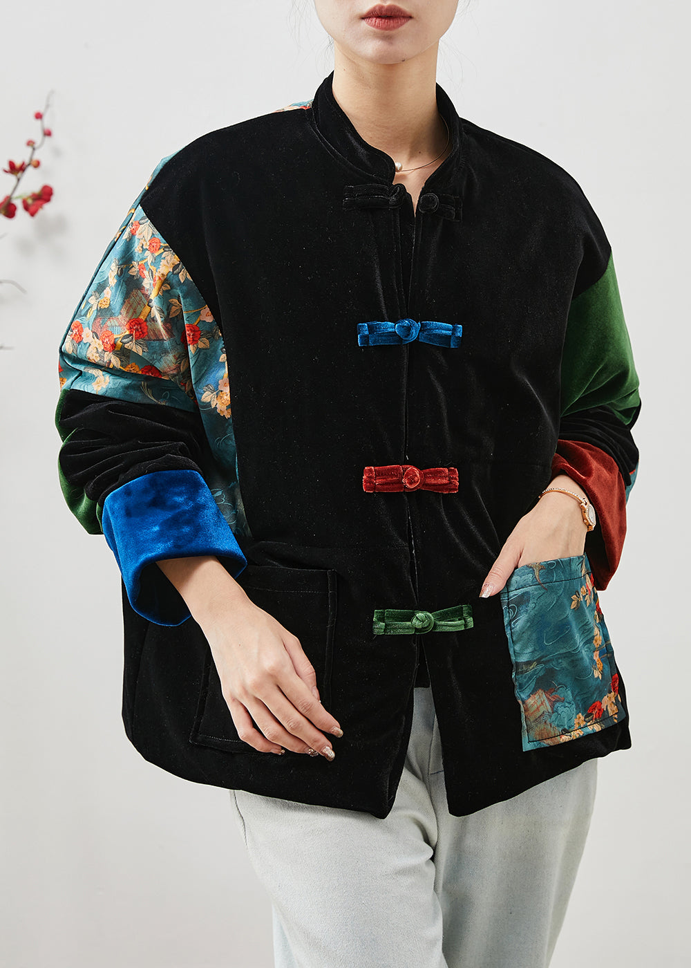 Boho Schwarz Dick Patchwork Taschen Seide Samt Orientalischen Mäntel Winter