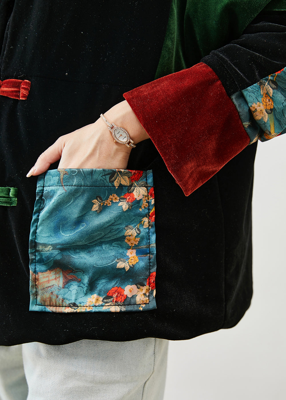 Boho Schwarz Dick Patchwork Taschen Seide Samt Orientalischen Mäntel Winter