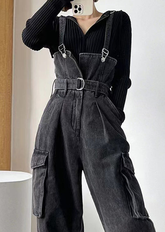 Boho Black Tunic Pockets Denim Overalls Jumpsuit Summer