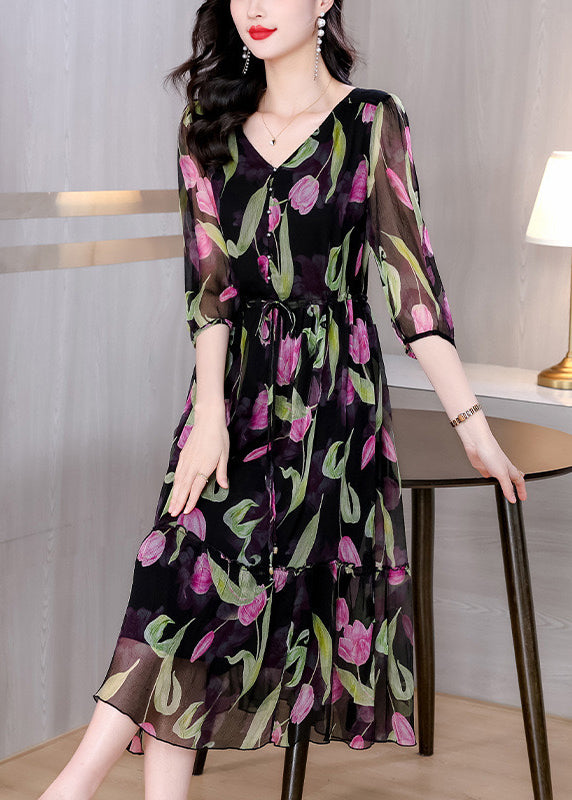 Boho Schwarz V-Ausschnitt Print Kordelzug Chiffon Kleid Sommer