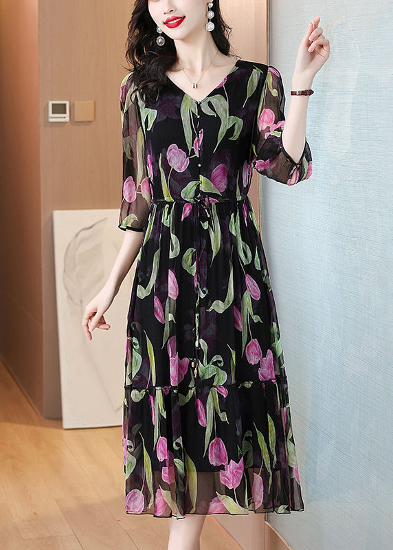 Boho Schwarz V-Ausschnitt Print Kordelzug Chiffon Kleid Sommer