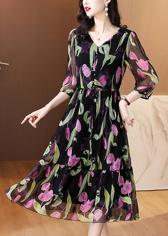 Boho Schwarz V-Ausschnitt Print Kordelzug Chiffon Kleid Sommer