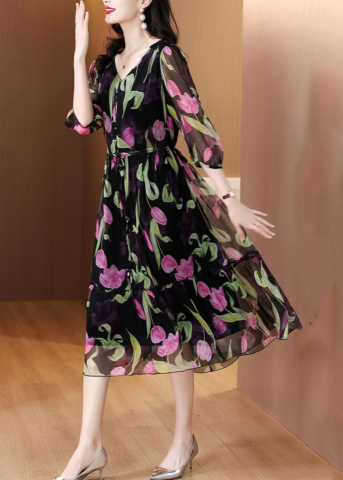 Boho Schwarz V-Ausschnitt Print Kordelzug Chiffon Kleid Sommer