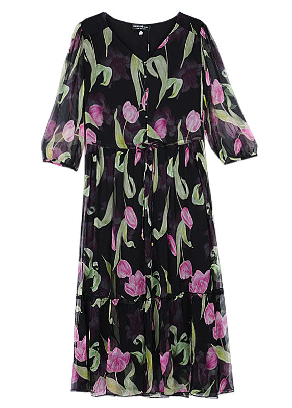 Boho Schwarz V-Ausschnitt Print Kordelzug Chiffon Kleid Sommer