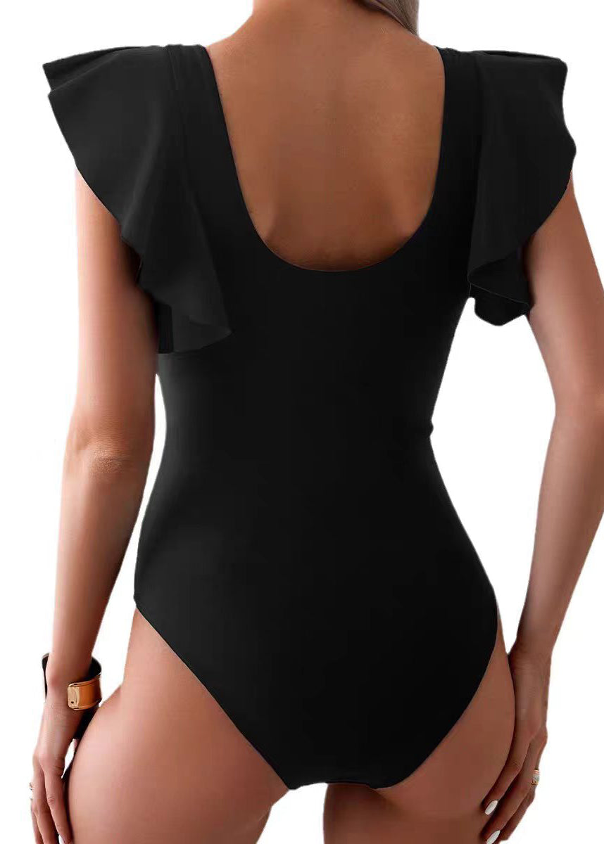 Boho Black V Neck Ruffled Patchwork Tulle Swimwear Bodysuit