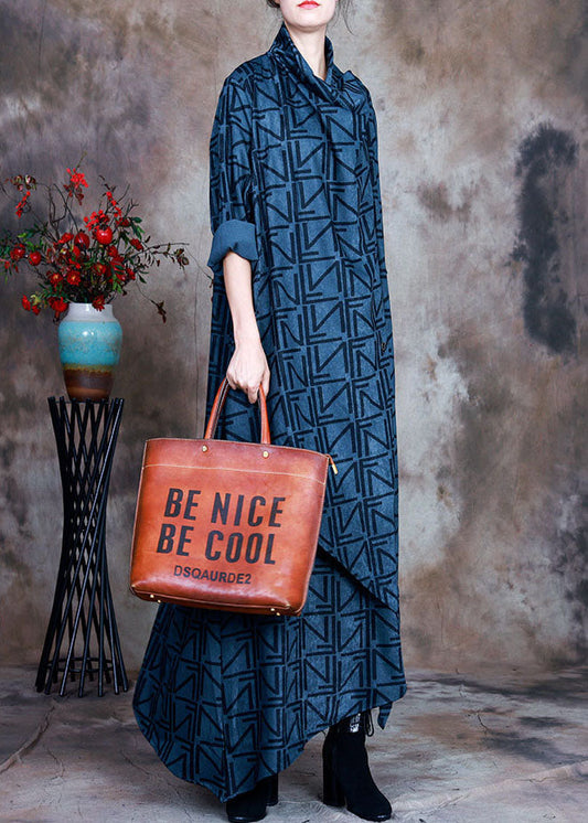 Boho Blau Asymmetrische Print Robe Kleider Frühling