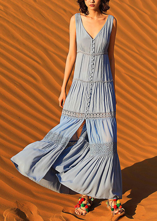 Boho Blue Button Hollow Out Cotton Long Dress Sleeveless