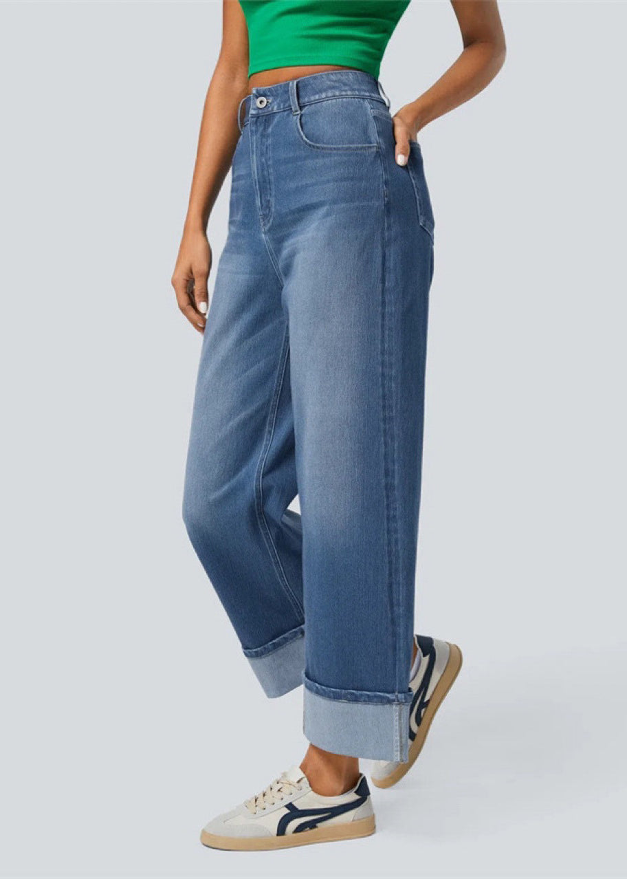 Boho Blue Oversized Edge Curl Denim Straight Pants Summer