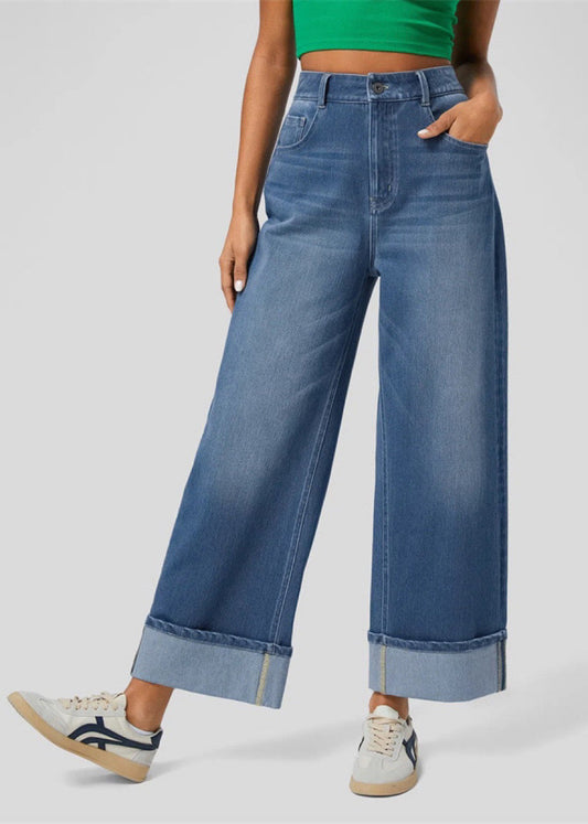 Boho Blue Oversized Edge Curl Denim Straight Pants Summer
