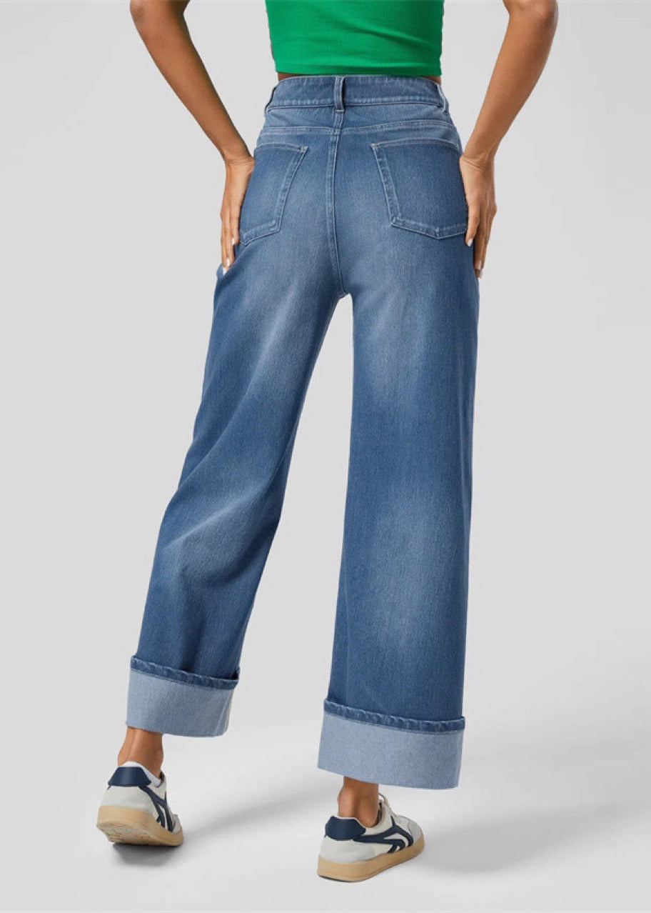 Boho Blue Oversized Edge Curl Denim Straight Pants Summer