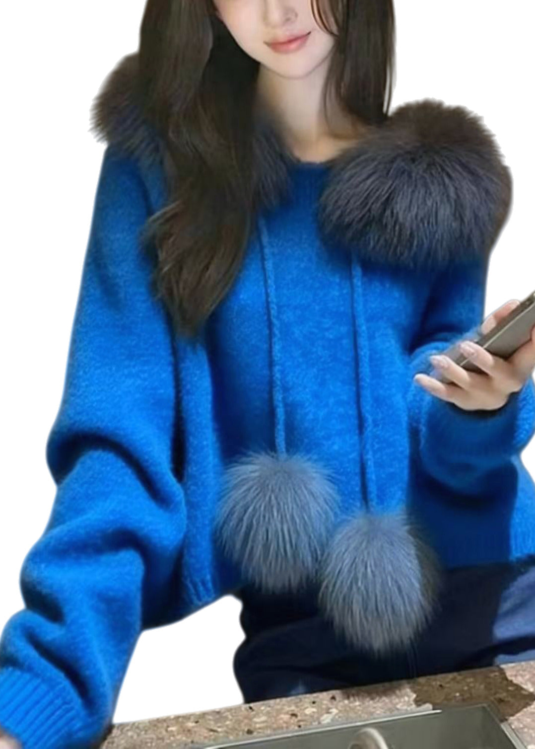 Boho Blue Oversized Patchwork Fuzzy Ball Decorated Knit Pullover Spring