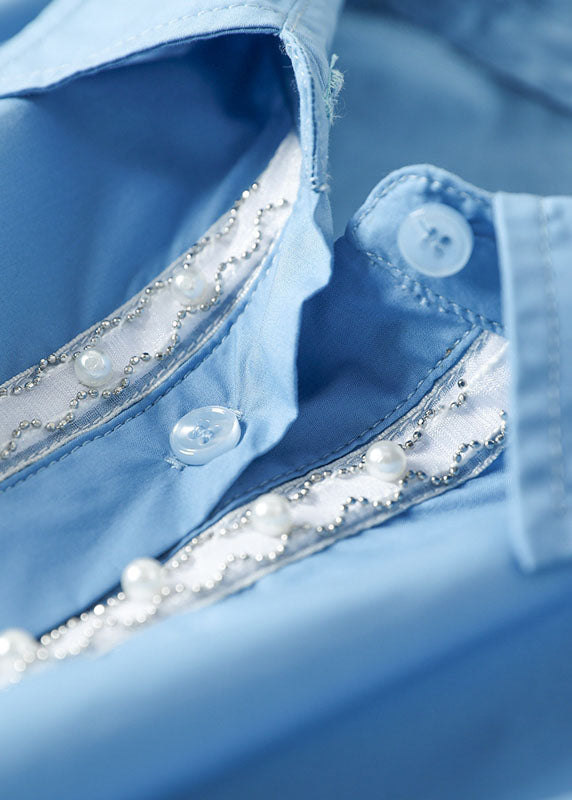 Boho Blau PeterPan Kragen Mode Baumwolle Kleid Frühling