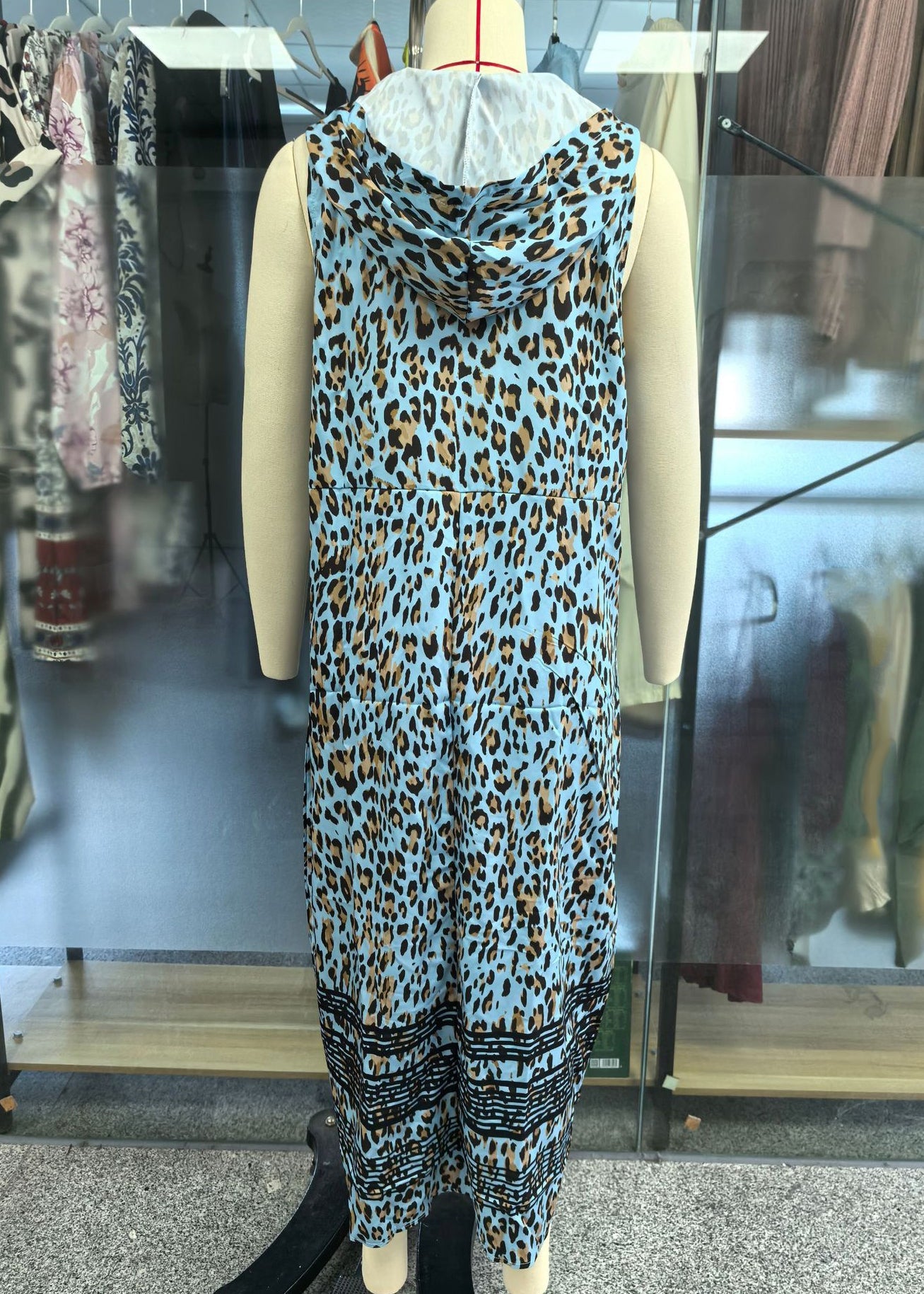 Boho Blue Print Wrinkled Hooded Maxi Dress Sleeveless
