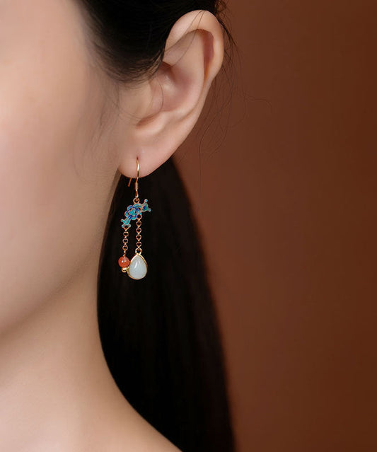 Boho Blau Sterling Silber Vergoldet Cloisonné Jadeit Wassertropfen Jade Tropfen Ohrringe