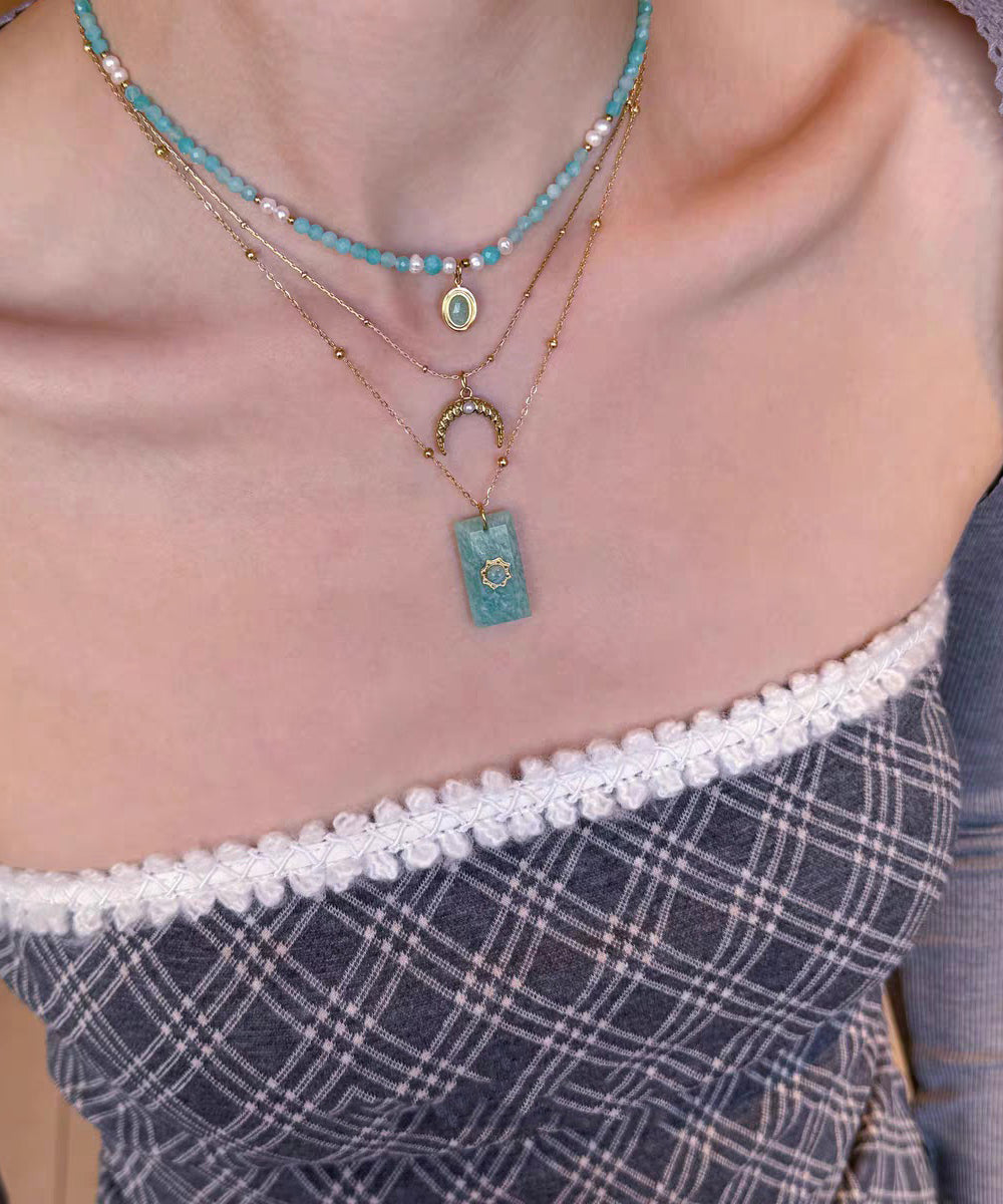 Boho Blue Sterling Silver Overgild Beading Amazonite Pendant Necklace Three-Piece Set
