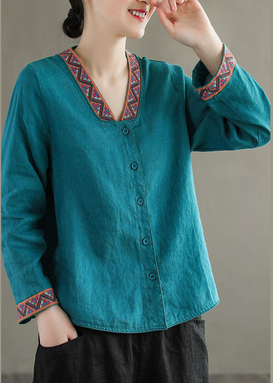 Boho Blau V-Ausschnitt Besticktes Patchwork Leinenhemd Top Frühling