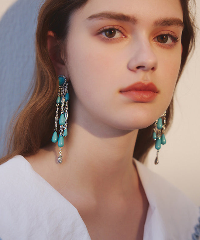 Boho Blue Zircon Water Drop Tassels Silver Plated Drop Earrings