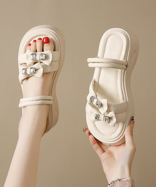 Boho Bow Zircon Splicing Platform Black Faux Leather Slide Sandals