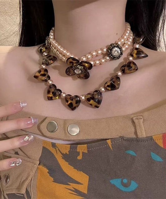 Boho Brown Acrylic Pearl Leopard Heart Shaped Floral Choker Two Piece Set