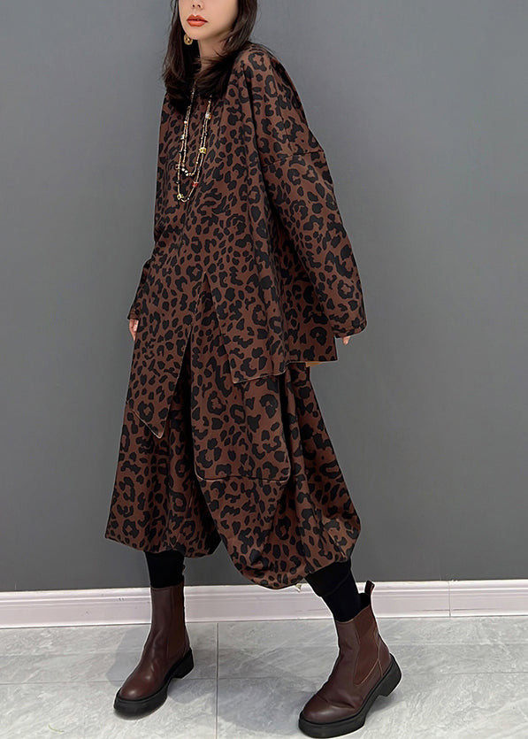 Boho Braun O-Ausschnitt Asymmetrisches Print Top Und Haremshose Zweiteiliges Set Herbst