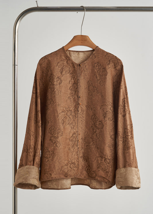 Boho Brown Oversized Jacquard Silk Coat Outwear Fall