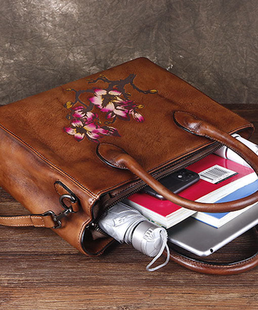 Boho Braune Umhängetasche aus Kalbsleder mit Print