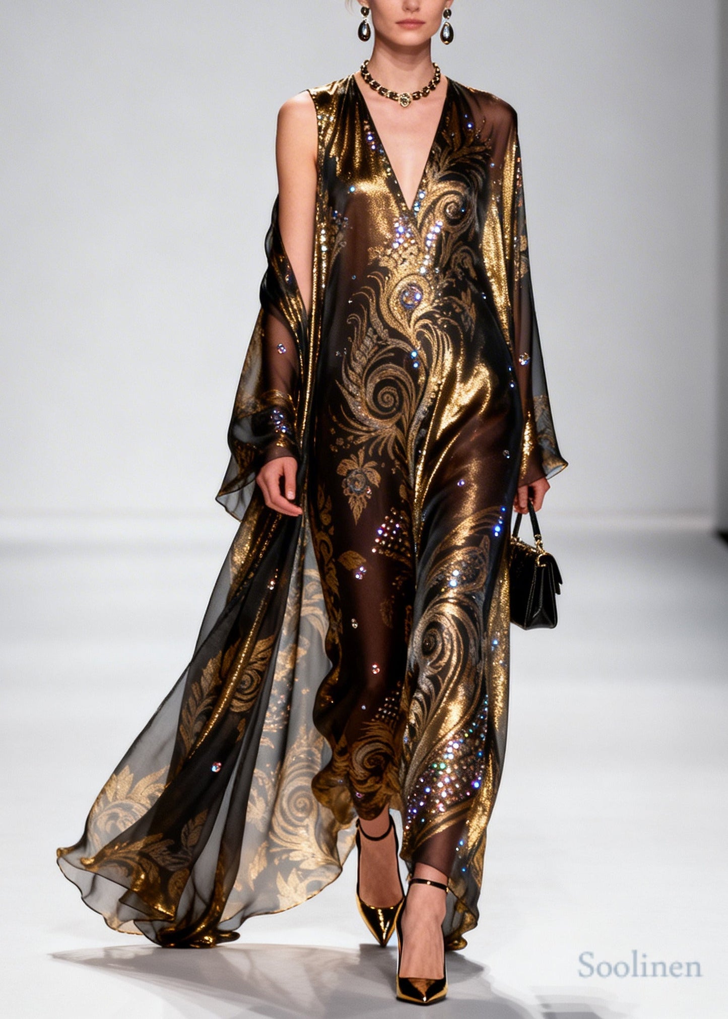 Boho Brown Rhinestone Exra Large Hem Silk Party Dress Summer