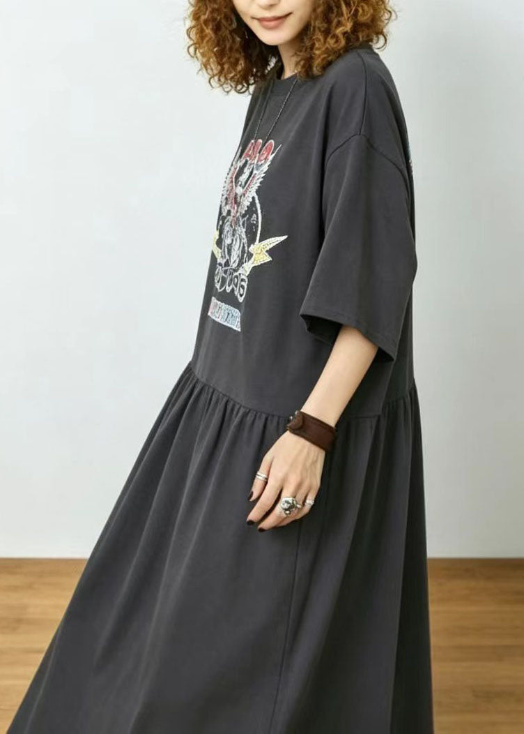 Boho Charcoal Grey Exra Large Hem Print Cotton Dresses Summer