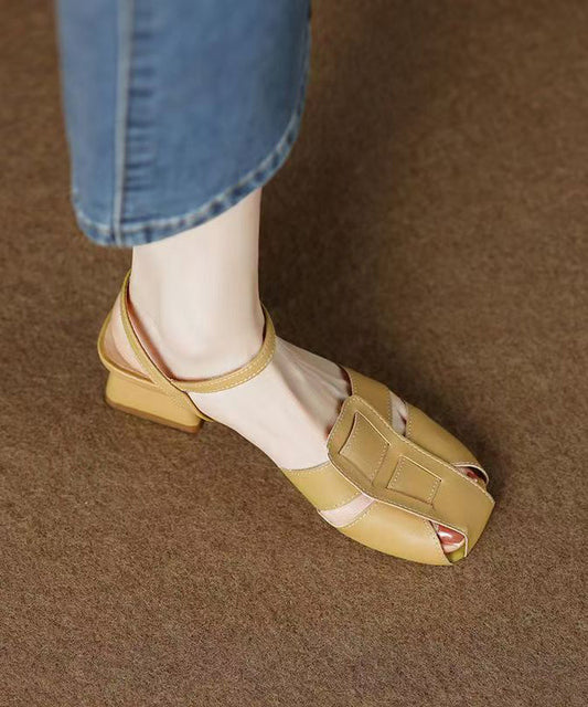 Boho Chunky Sandals Beige Hollow Out Faux Leather