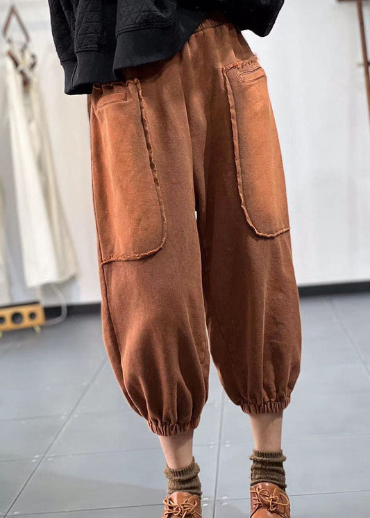 Boho Schokolade elastische Taille Taschen Patchwork Applikation Baumwolle Haremshose Herbst