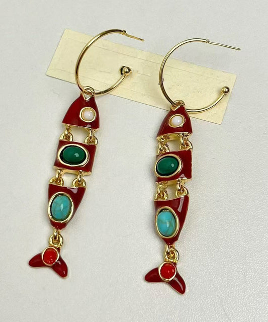 Pendientes colgantes con forma de pez de aleación de cobre esmaltado con bloques de color bohemios