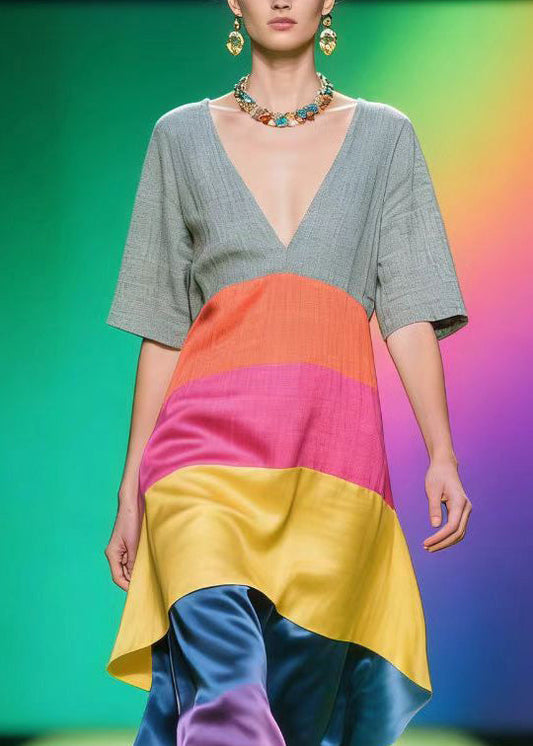 Boho Colorblock V Neck Patchwork Linen Silk Dress Summer