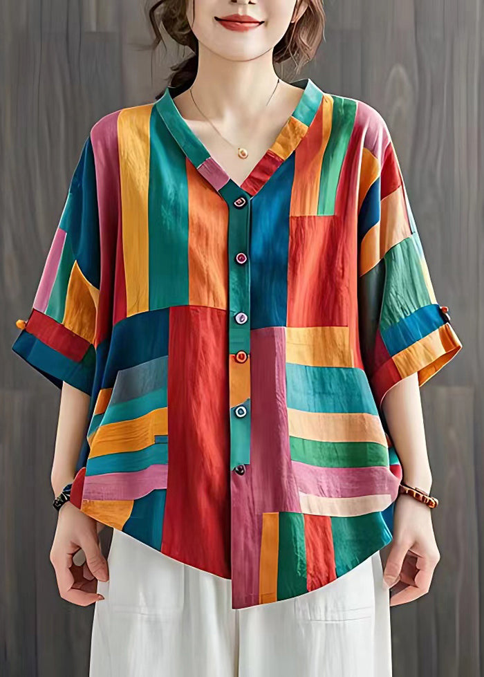 Boho Colorblock V-Ausschnitt Gestreifte Leinenbluse Top Sommer