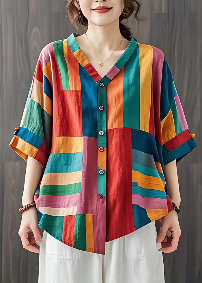 Boho Colorblock V-Ausschnitt Gestreifte Leinenbluse Top Sommer