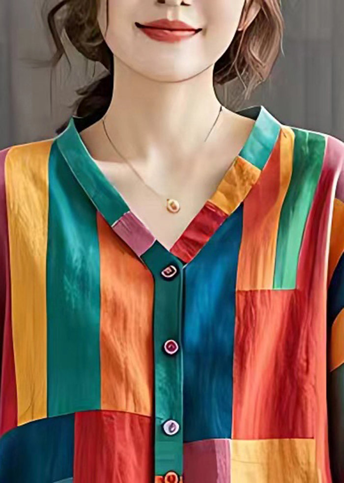 Boho Colorblock V-Ausschnitt Gestreifte Leinenbluse Top Sommer