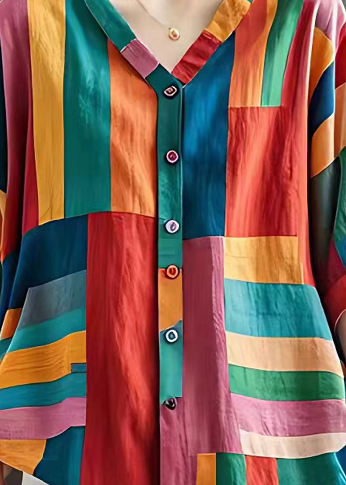 Boho Colorblock V-Ausschnitt Gestreifte Leinenbluse Top Sommer