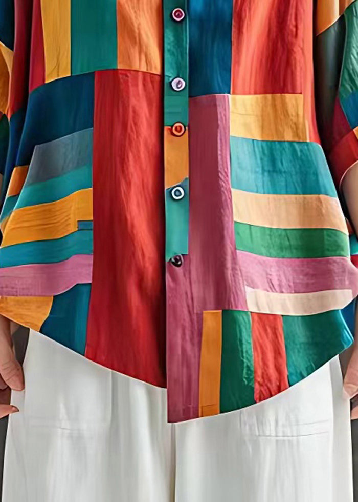 Boho Colorblock V-Ausschnitt Gestreifte Leinenbluse Top Sommer