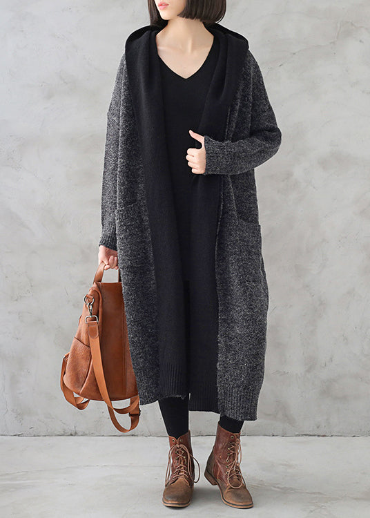 Boho Dunkelgrau Wolle Patchwork Strick Kapuze Maxi Trenchcoats Herbst
