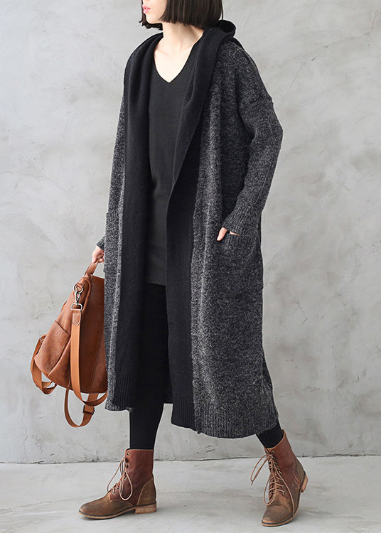 Boho Dunkelgrau Wolle Patchwork Strick Kapuze Maxi Trenchcoats Herbst