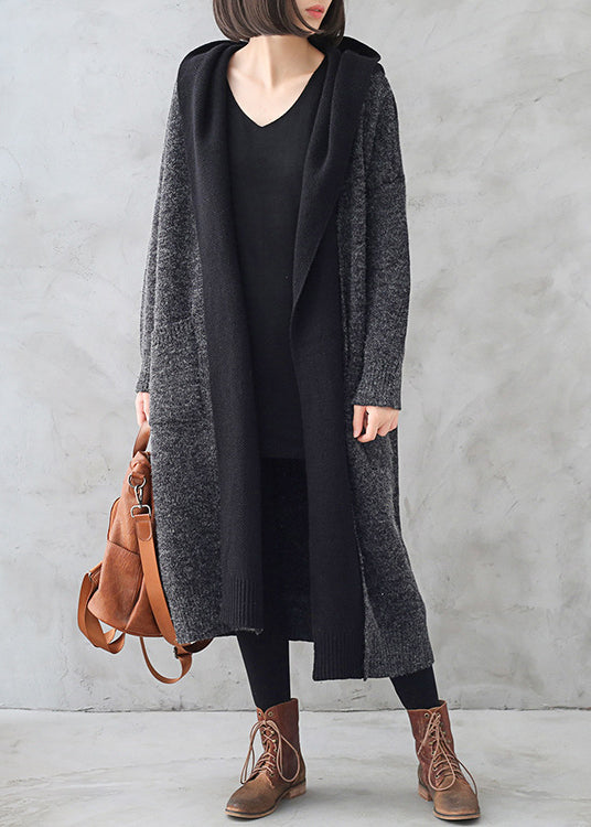 Boho Dunkelgrau Wolle Patchwork Strick Kapuze Maxi Trenchcoats Herbst