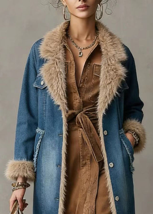 Boho Denim Blue Notched Patchwork Faux Fur Fine Cotton Filled Trench Coats Winter