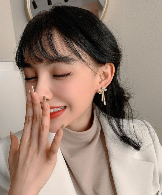 Pendientes bohemios con borlas de lazo de circonita y aleación de plata esterlina y oro