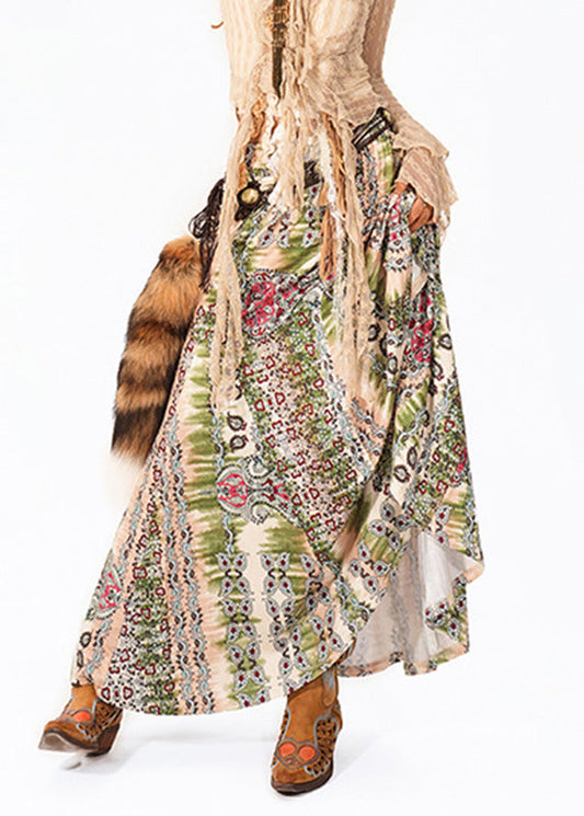 Boho Green High Waist Print A Line Skirt Summer