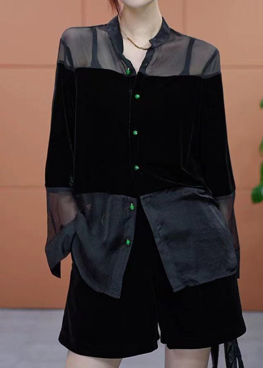 Boho Grün Stehkragen Patchwork Seide Velour Shirt Top Frühling