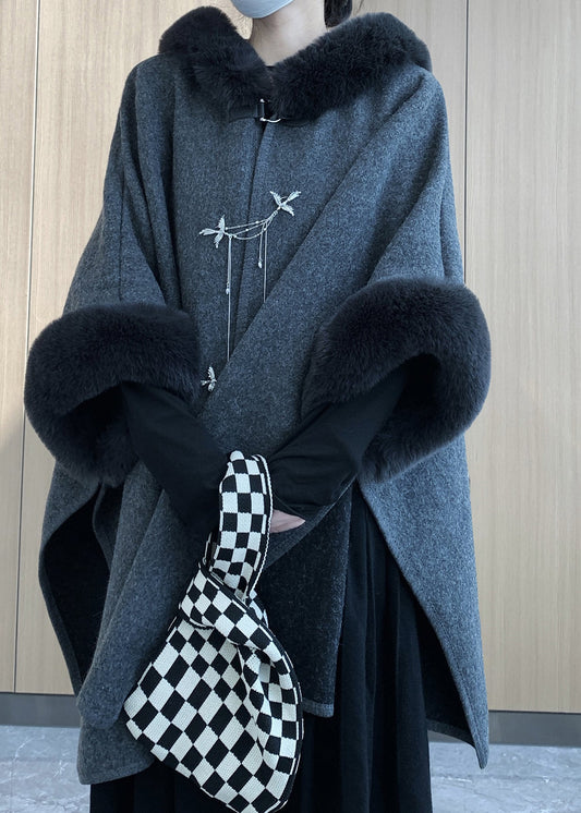 Boho Grey Oversized Patchwork Faux Fur Woolen Trench Winter