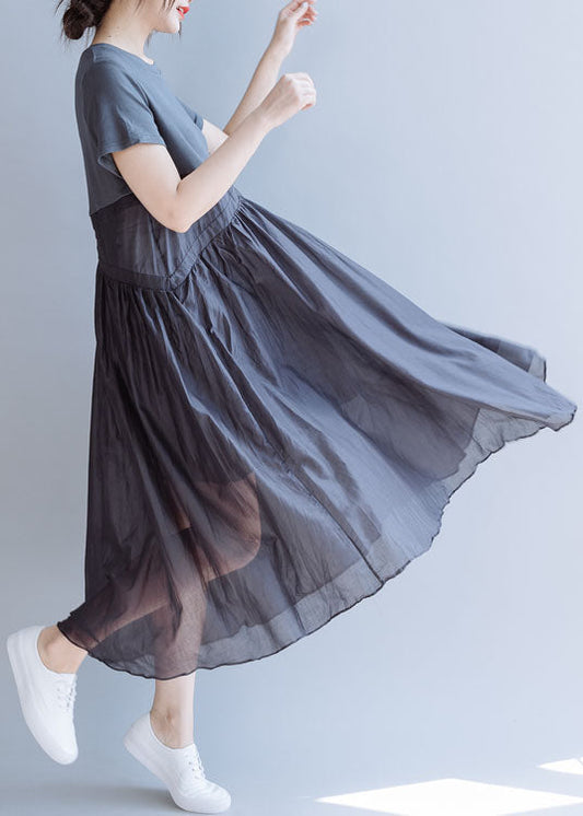 Boho Grau Patchwork Baumwolle Party Mode Kleid Kurzarm