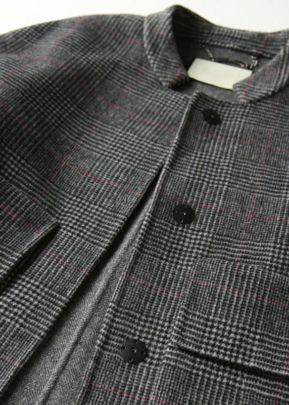 Boho Grau Kariert Retro Lose Taschen Knopf Herbst Winter Mantel