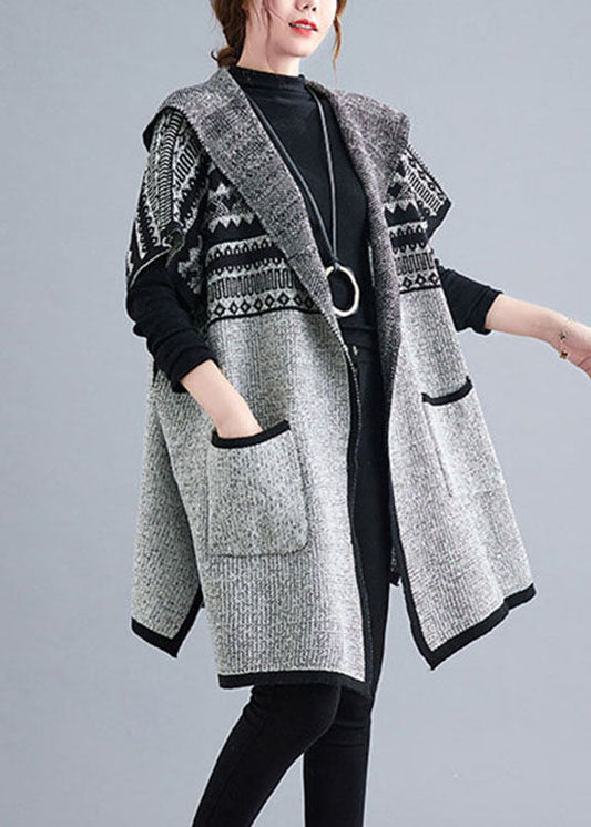 Boho Graue Kapuzenpullover mit kurzen Ärmeln und Taschen, lockerer Herbst-Strickpullover